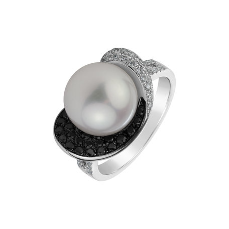 Prsten s černými a bílými diamanty a perlou Cruell Pearl