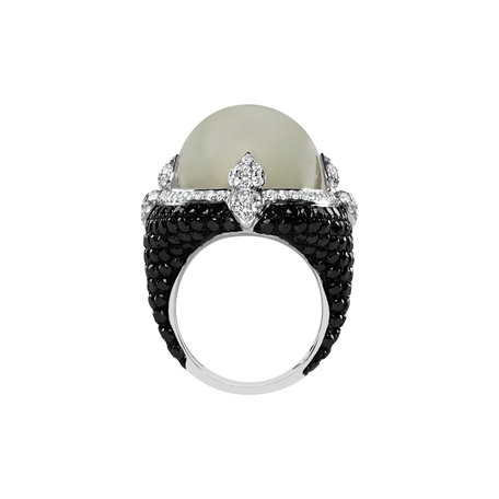 Prsten s měsíčním kamenem, černými a bílými diamanty Eye Ocean