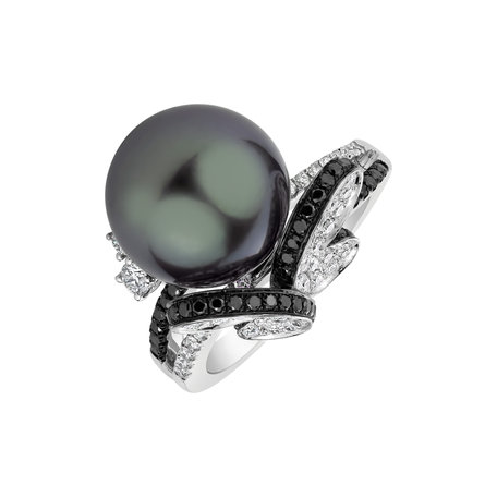 Prsten s černými a bílými diamanty a perlou Bernice