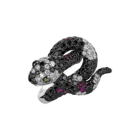 Prsten s černými a bílými diamanty, granáty a rubíny Black and White Snake