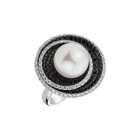 Prsten s černými a bílými diamanty a perlou Diamonds Vortex