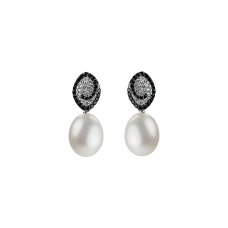 Náušnice s černými a bílými diamanty a perlou Enchanted Tides