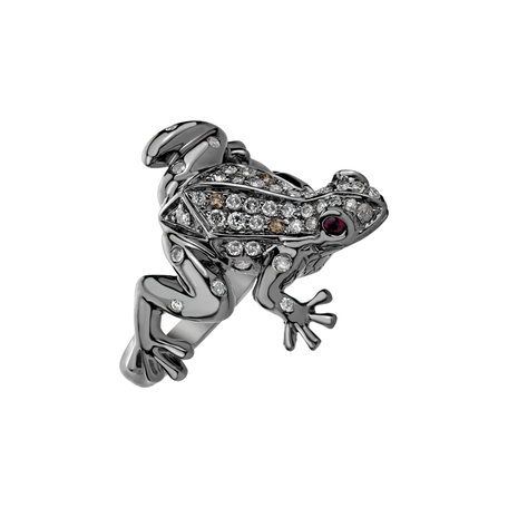 Prsten s bílými a hnědými diamanty a rubíny Dark Fairytale Frog