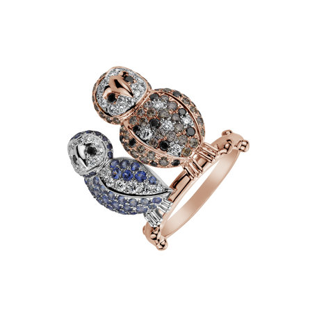 Prsten s bílými, hnědými a černými diamanty a safíry Fairytale Owl