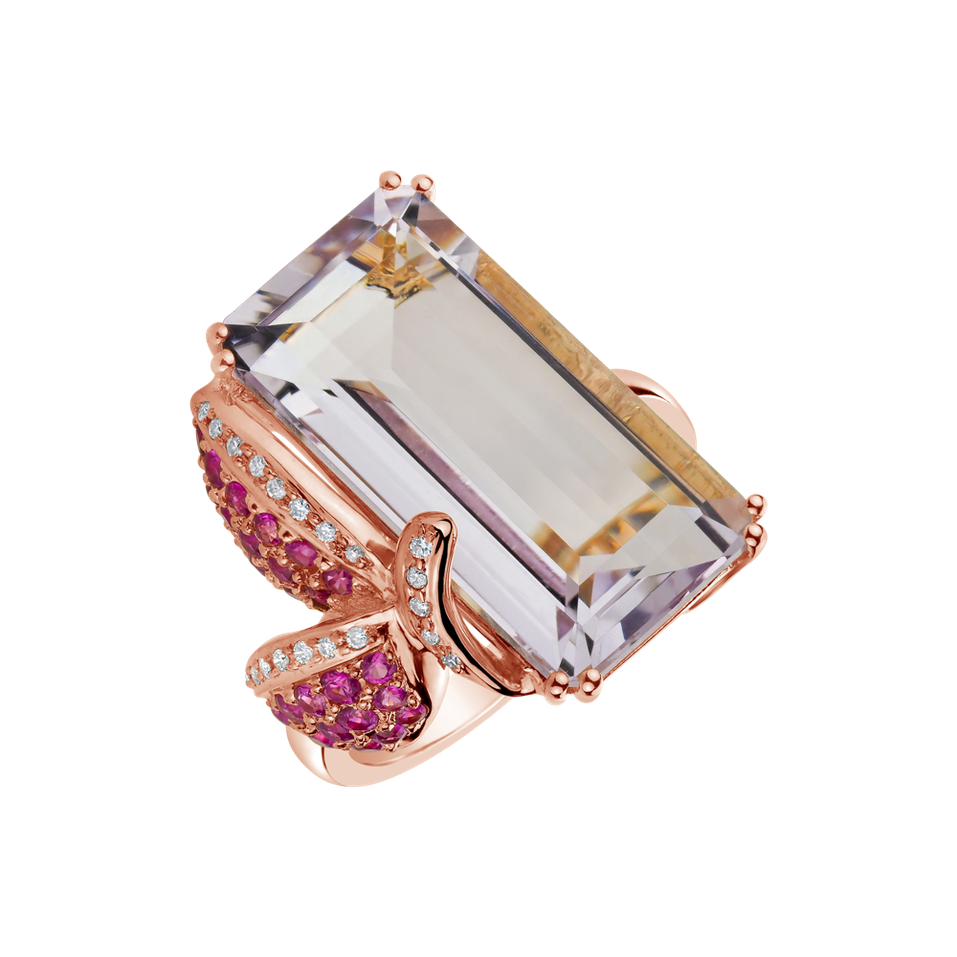 Prsten s ametystem, diamanty a rubíny Sonnehilda