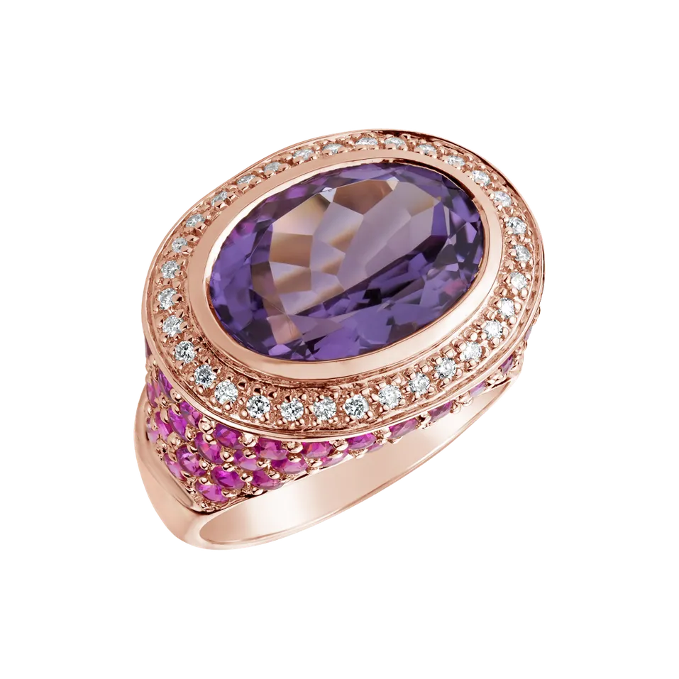 Prsten s ametystem, diamanty a rubíny Agate