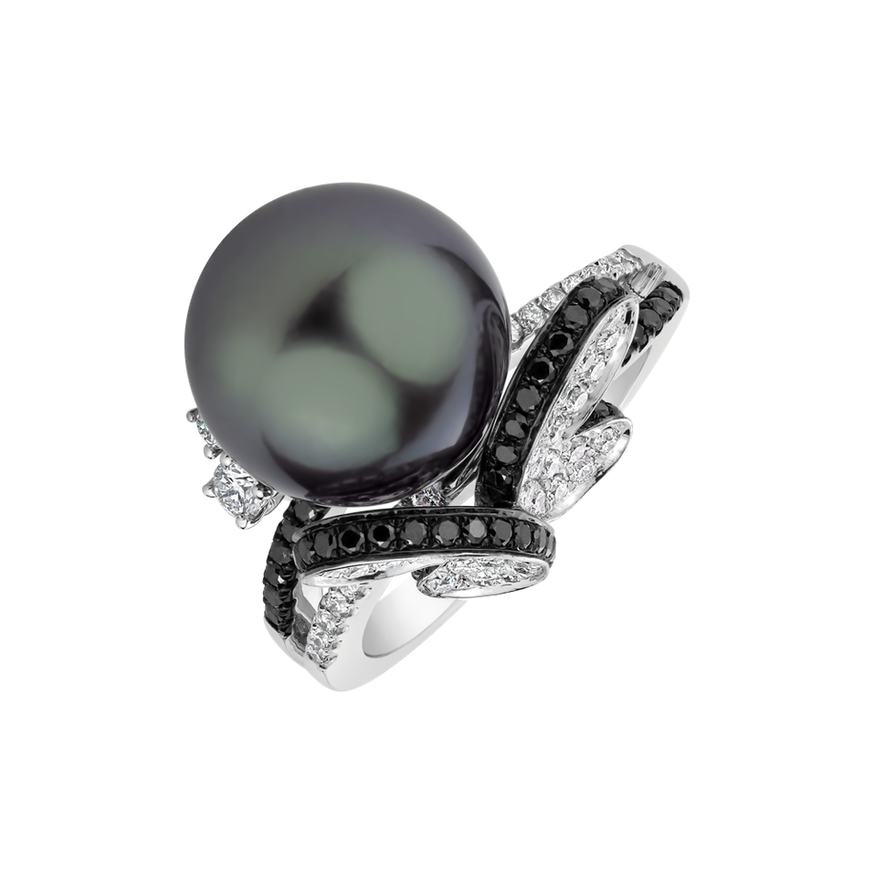 Prsten s černými a bílými diamanty a perlou Bernice
