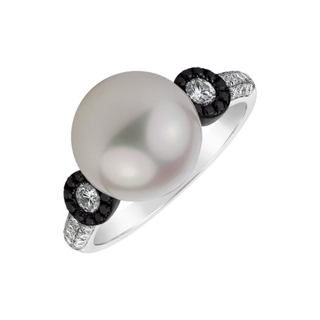 Prsten s černými a bílými diamanty a perlou Aqua Reflection