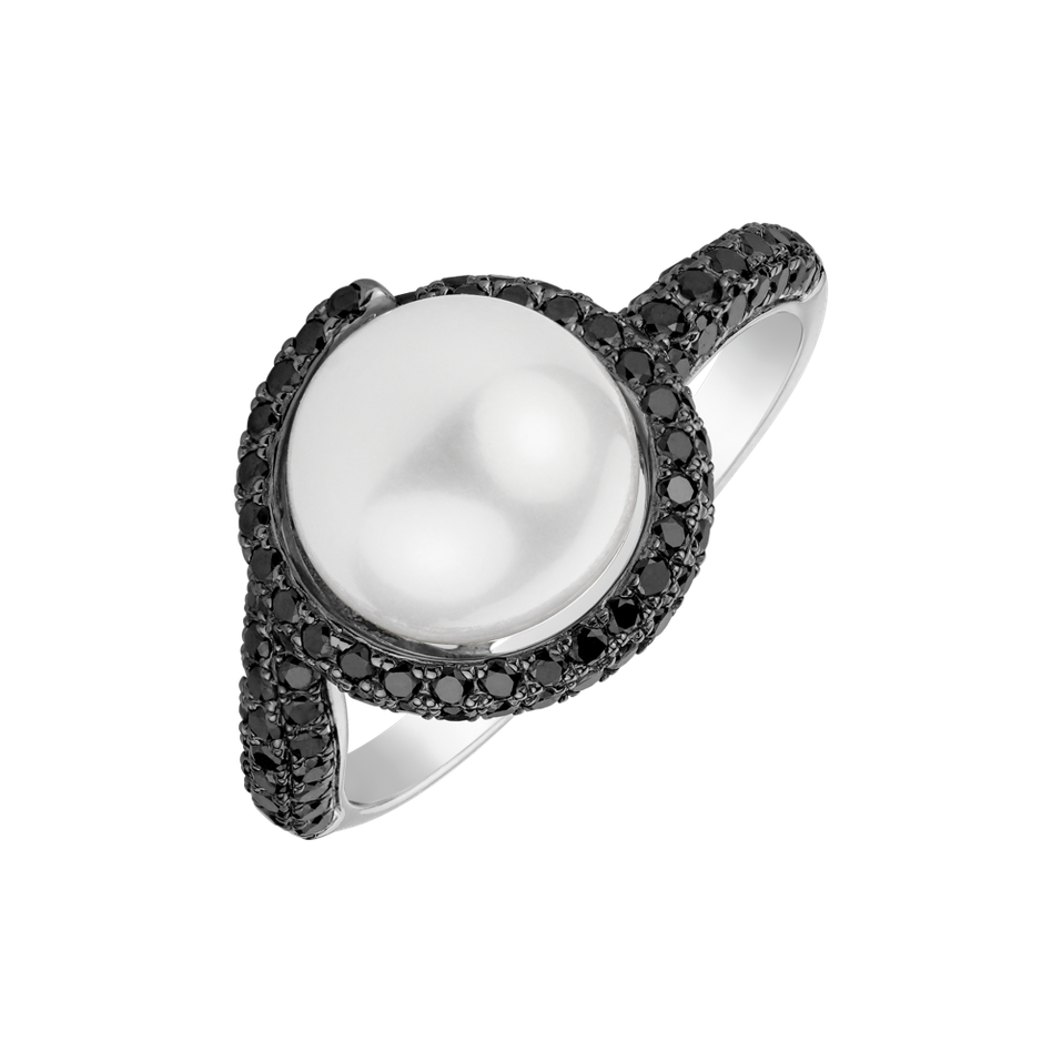 Prsten s černými diamanty a perlou Marine