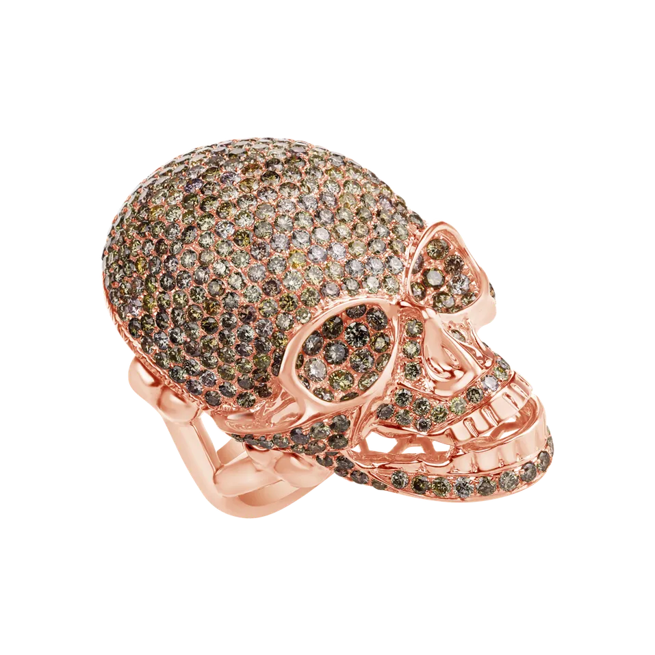 Prsten s bílými a hnědými diamanty Diamond Skull