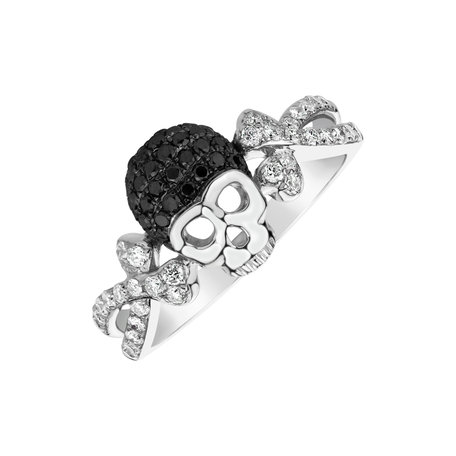 Prsten s bílými a černými diamanty Luxury Skull