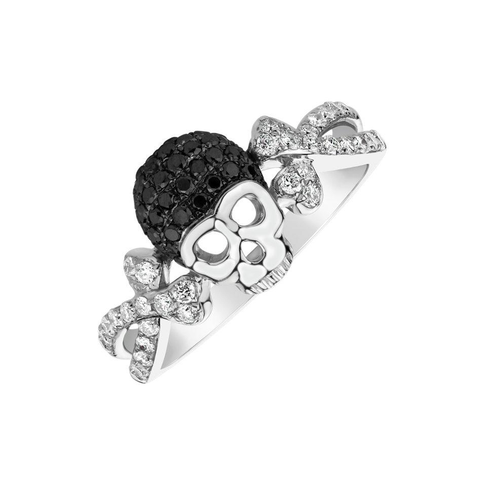 Prsten s bílými a černými diamanty Luxury Skull