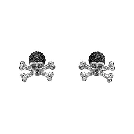 Náušnice s bílými a černými diamanty Luxury Skull