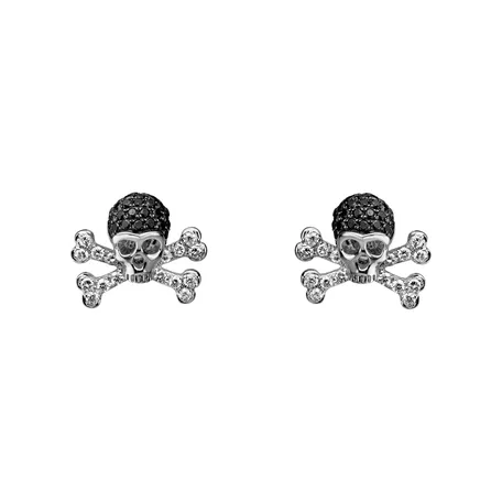 Náušnice s bílými a černými diamanty Luxury Skull