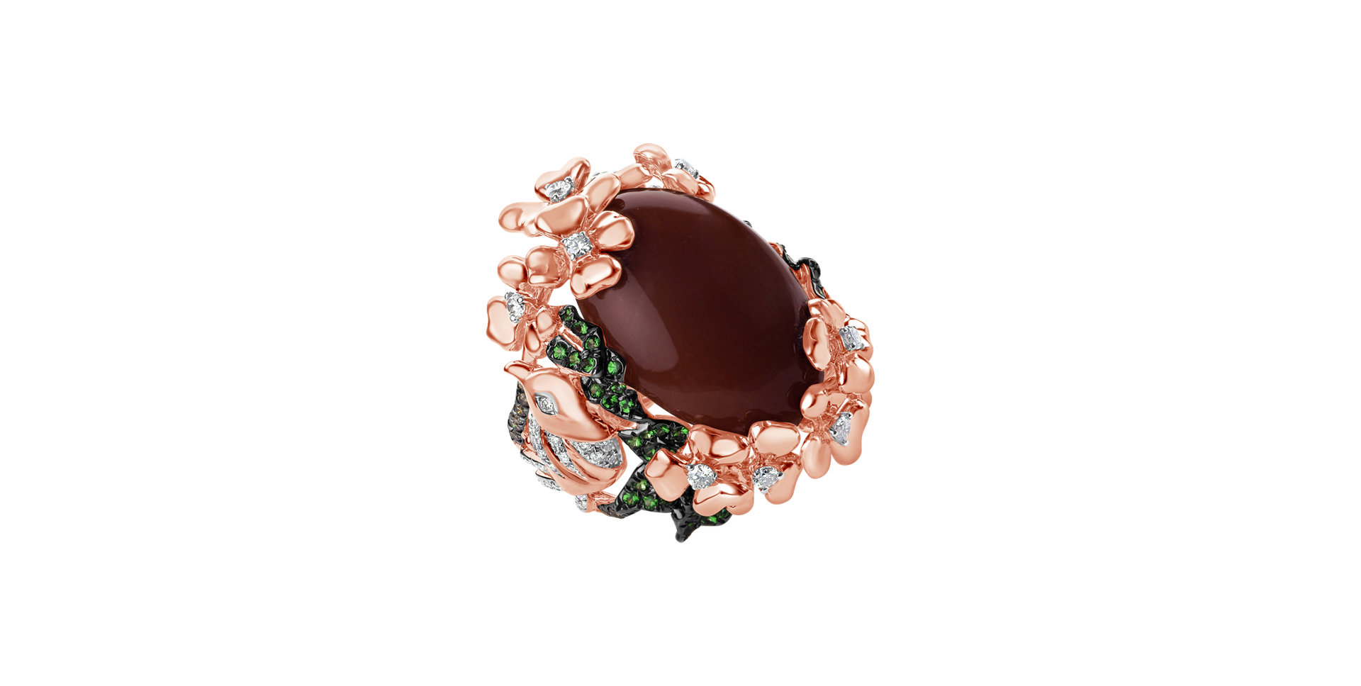 Prsten s měsíčním kamenem, bílými, hnědými diamanty a drahokamy Kala