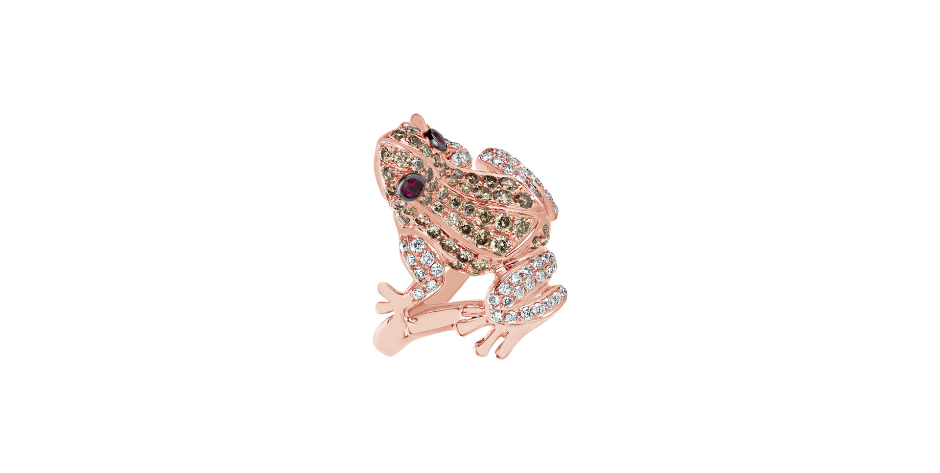 Prsten s bílými a hnědými diamanty a rubíny Miracle Frog