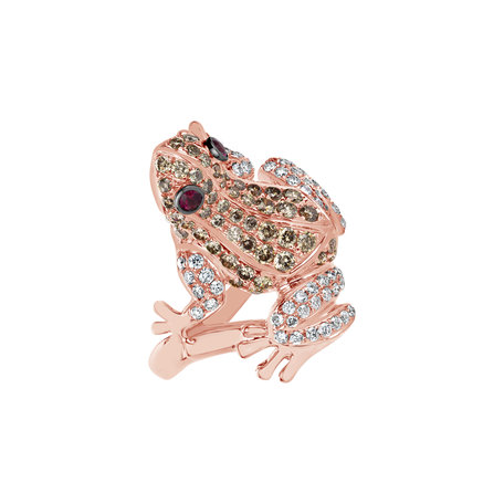 Prsten s bílými a hnědými diamanty a rubíny Miracle Frog