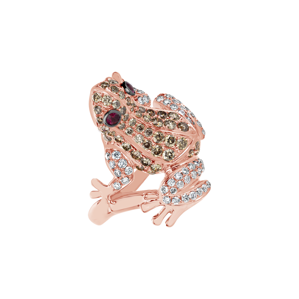 Prsten s bílými a hnědými diamanty a rubíny Miracle Frog