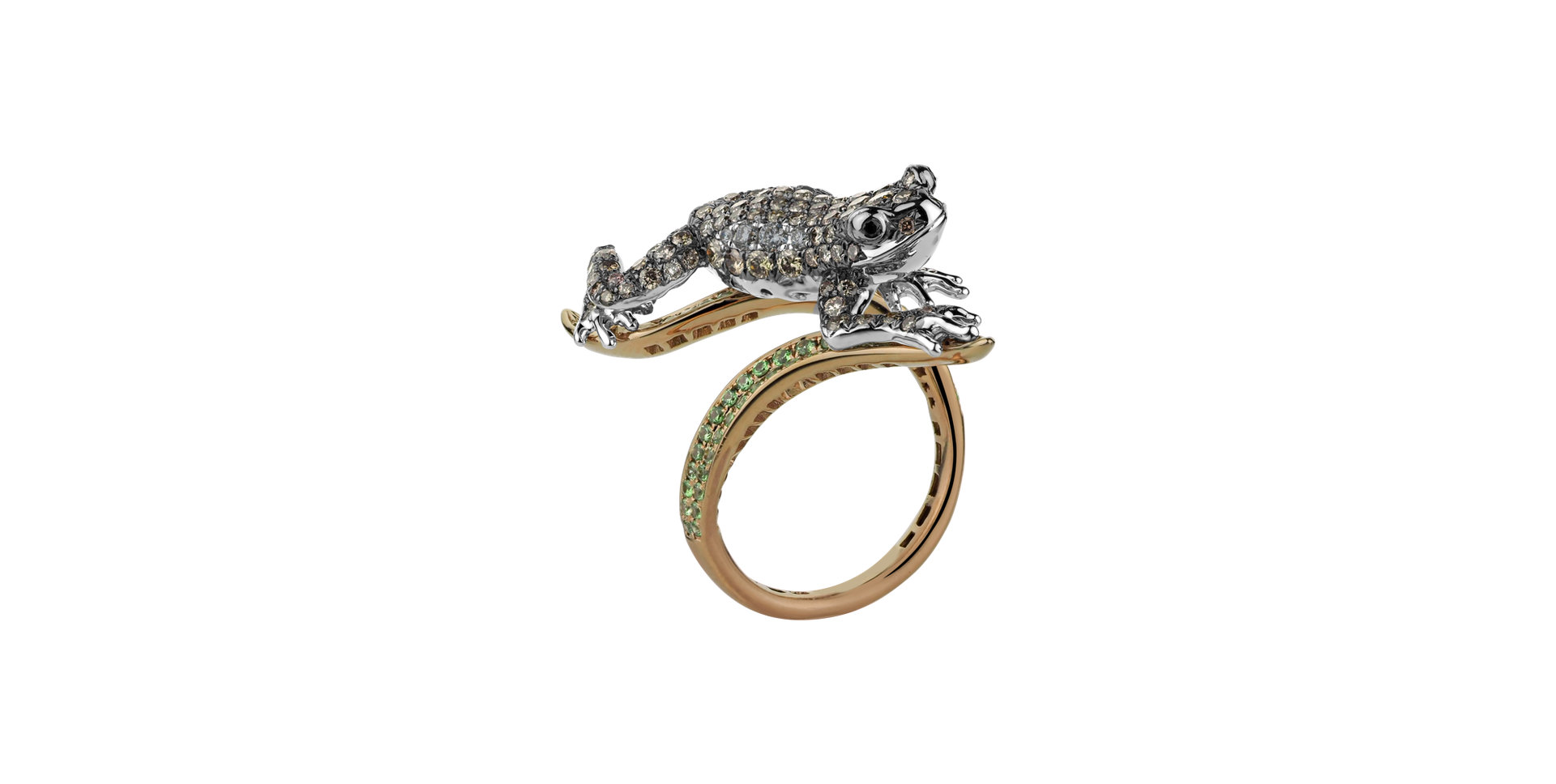 Prsten s bílými, hnědými a černými diamanty a granáty Luxury Frog