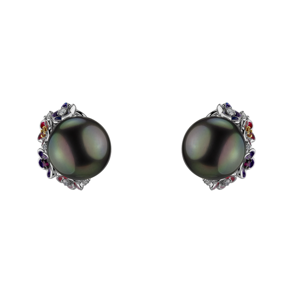 Náušnice s perlou, diamanty, rubíny a safíry Gremoria