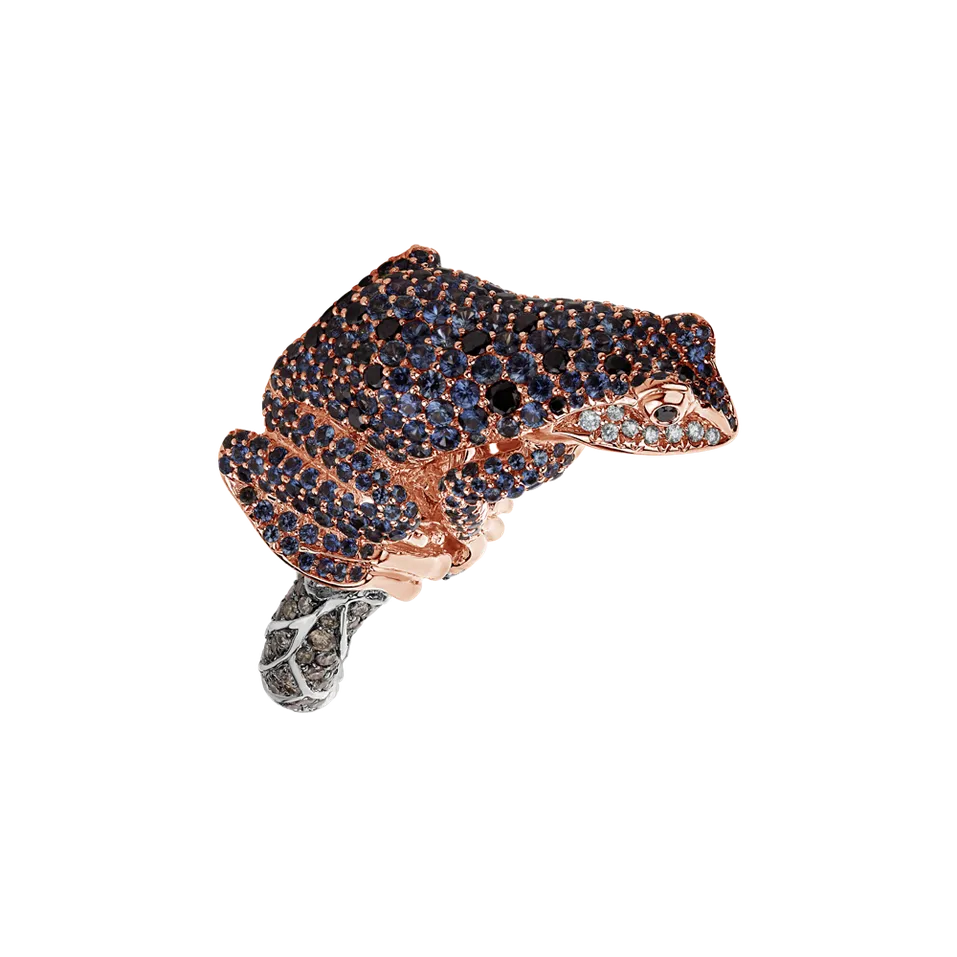 Prsten s bílými, hnědými a černými diamanty a safíry Midnight Frog