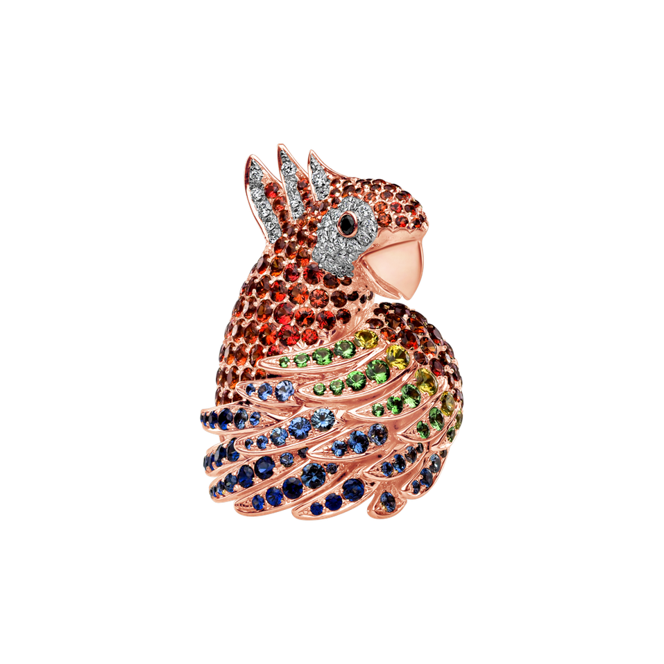 Prsten s černými a bílými diamanty, safíry a granáty Sapphire Parrot