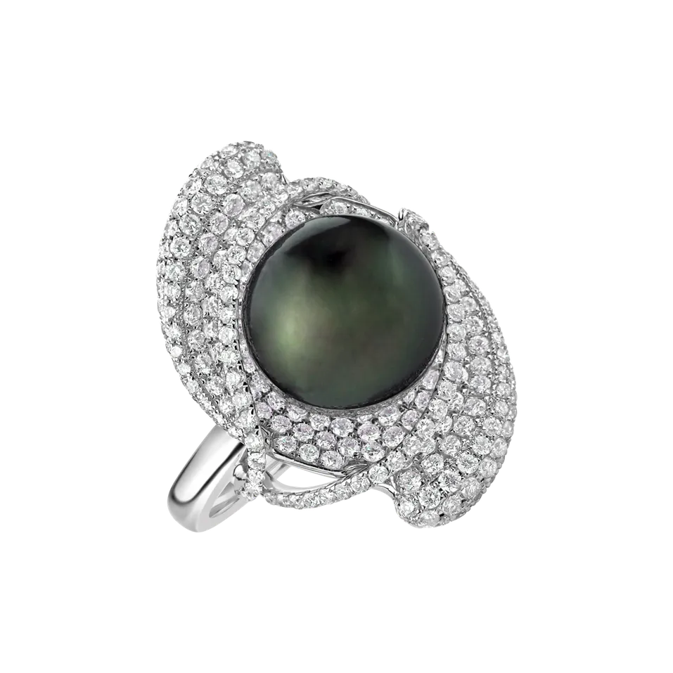 Prsten s perlou a diamanty Midnight Pearl