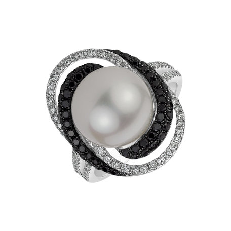 Prsten s černými a bílými diamanty a perlou Vortex of Emotions