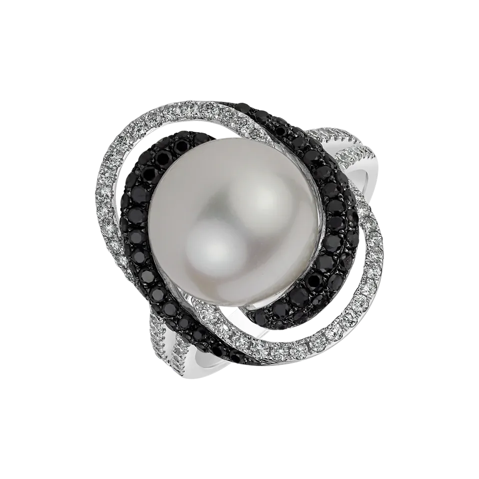 Prsten s černými a bílými diamanty a perlou Vortex of Emotions