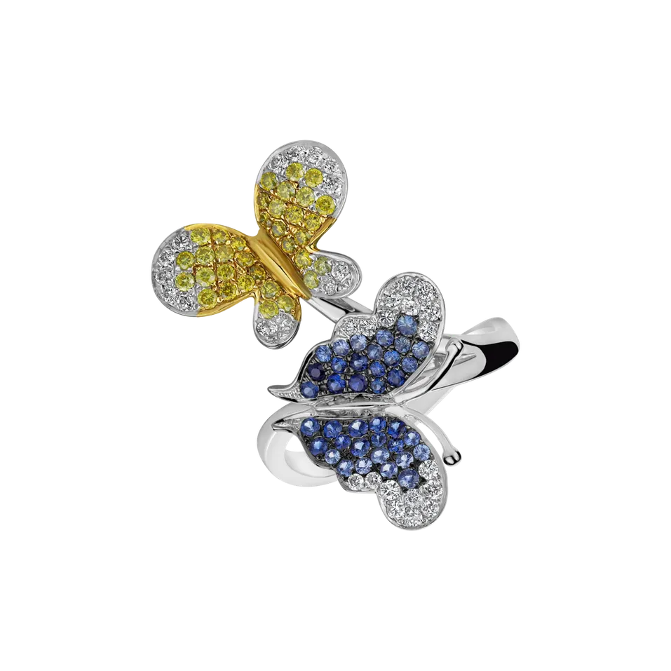 Prsten s žlutými a bílými diamanty a safíry Papillon Melody