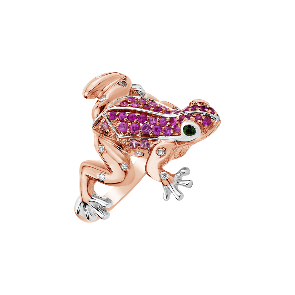 Prsten s hnědými diamanty, safíry a granáty Fairytale Frog