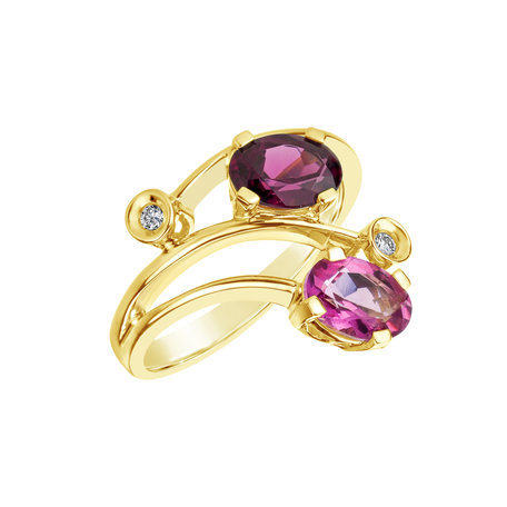 Prsten s diamanty, topazem a rhodolitem Magic Flower