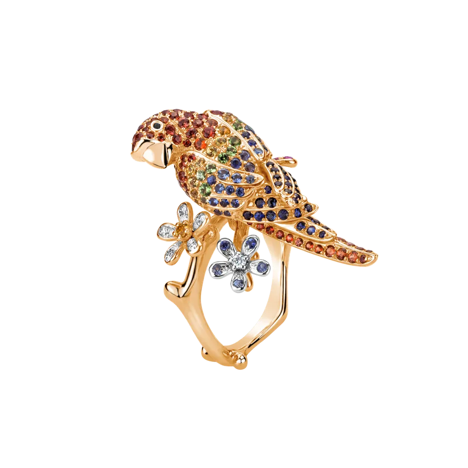 Prsten s černými a bílými diamanty, granáty a safíry Alluring Parrot