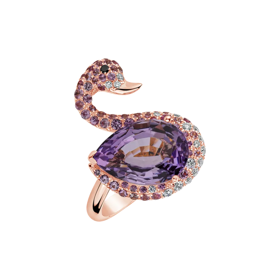 Prsten s černými a bílými diamanty,safíry a ametystem Noble Swan