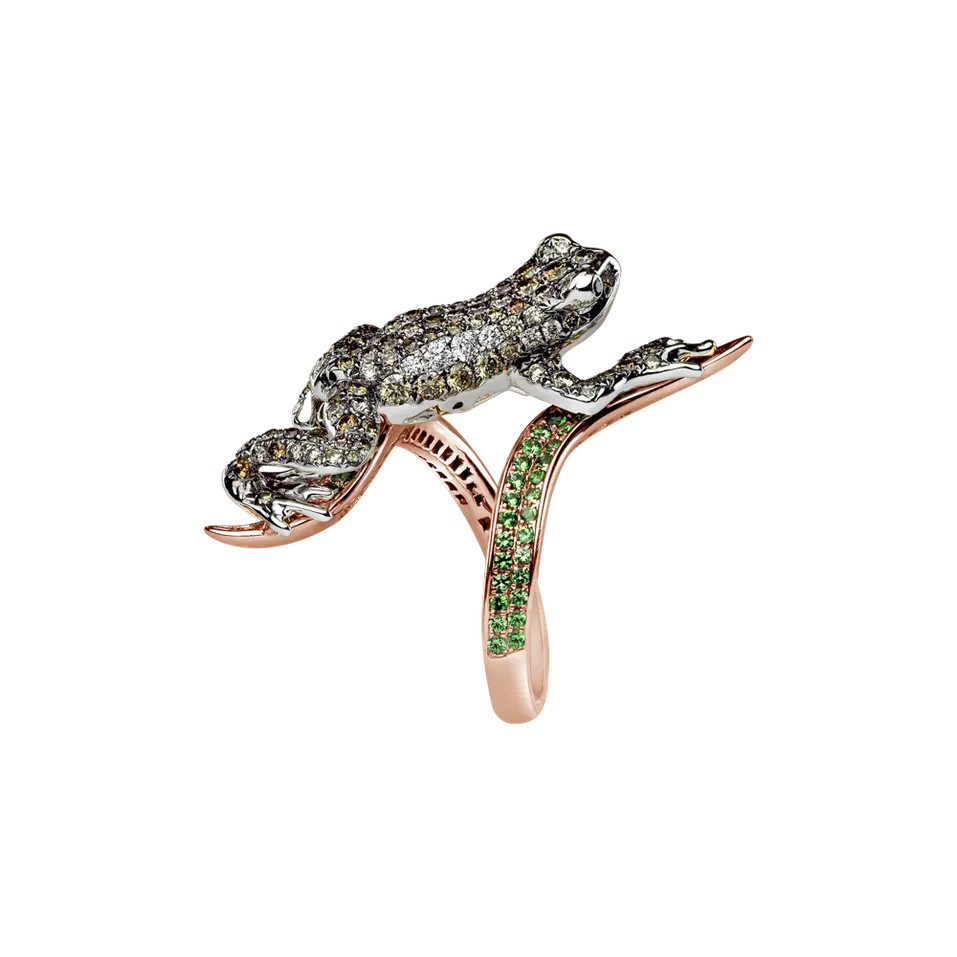 Prsten s bílými, hnědými, černými diamanty a granátem Luxury Frog