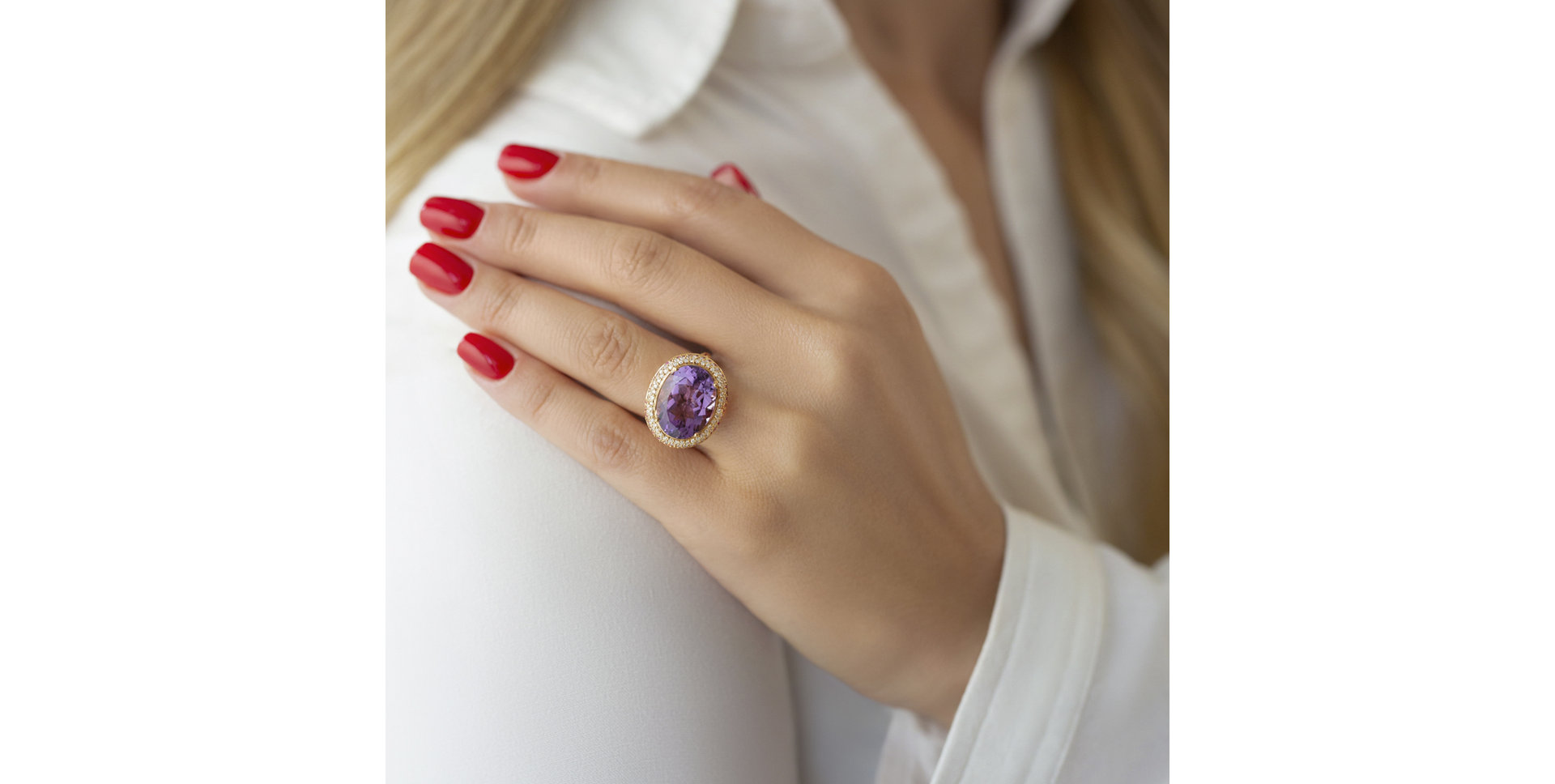 Prsten s ametystem, diamanty a rubíny Arlette
