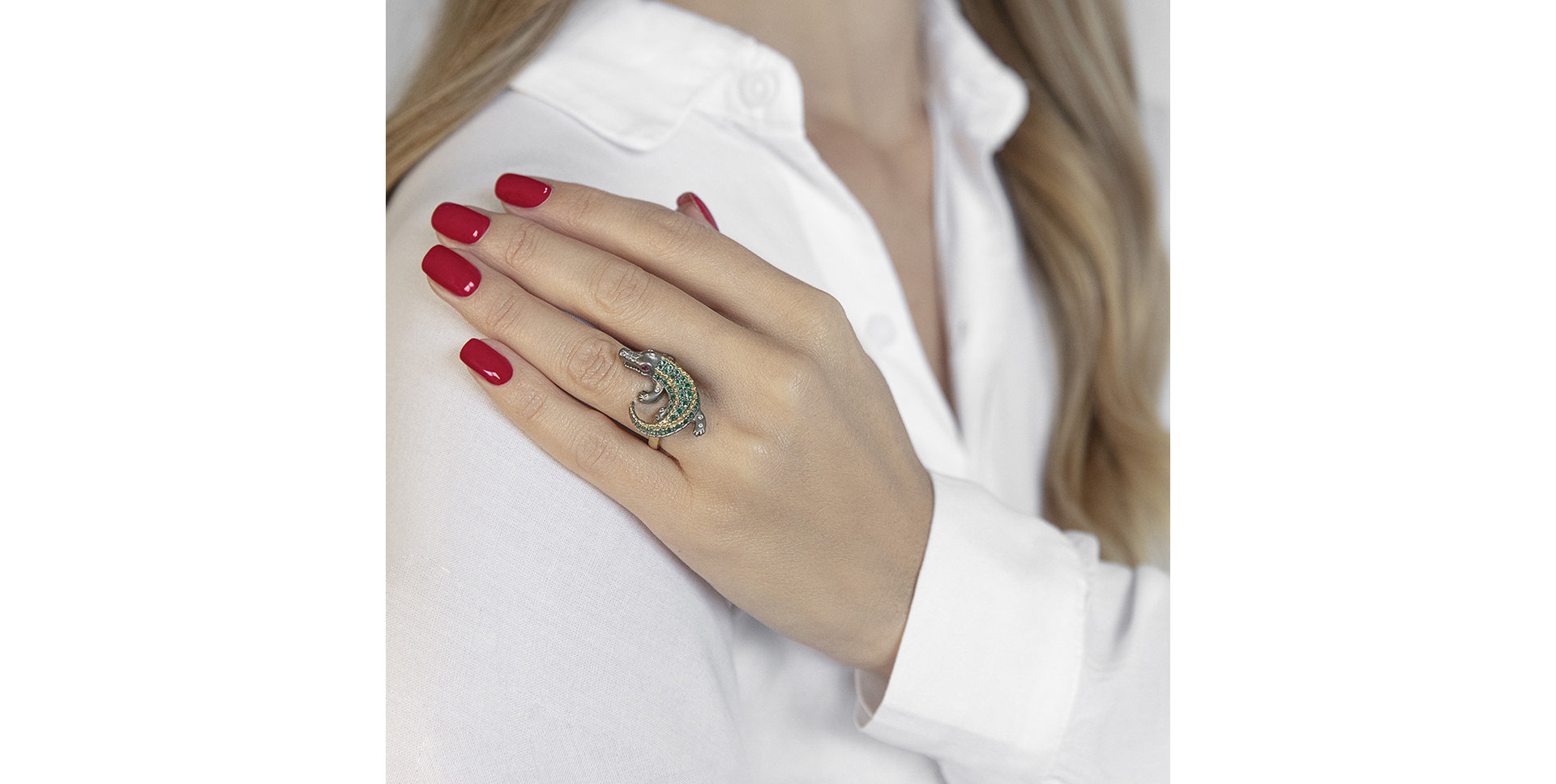 Prsten s diamanty a smaragdy a rubíny Black Croco