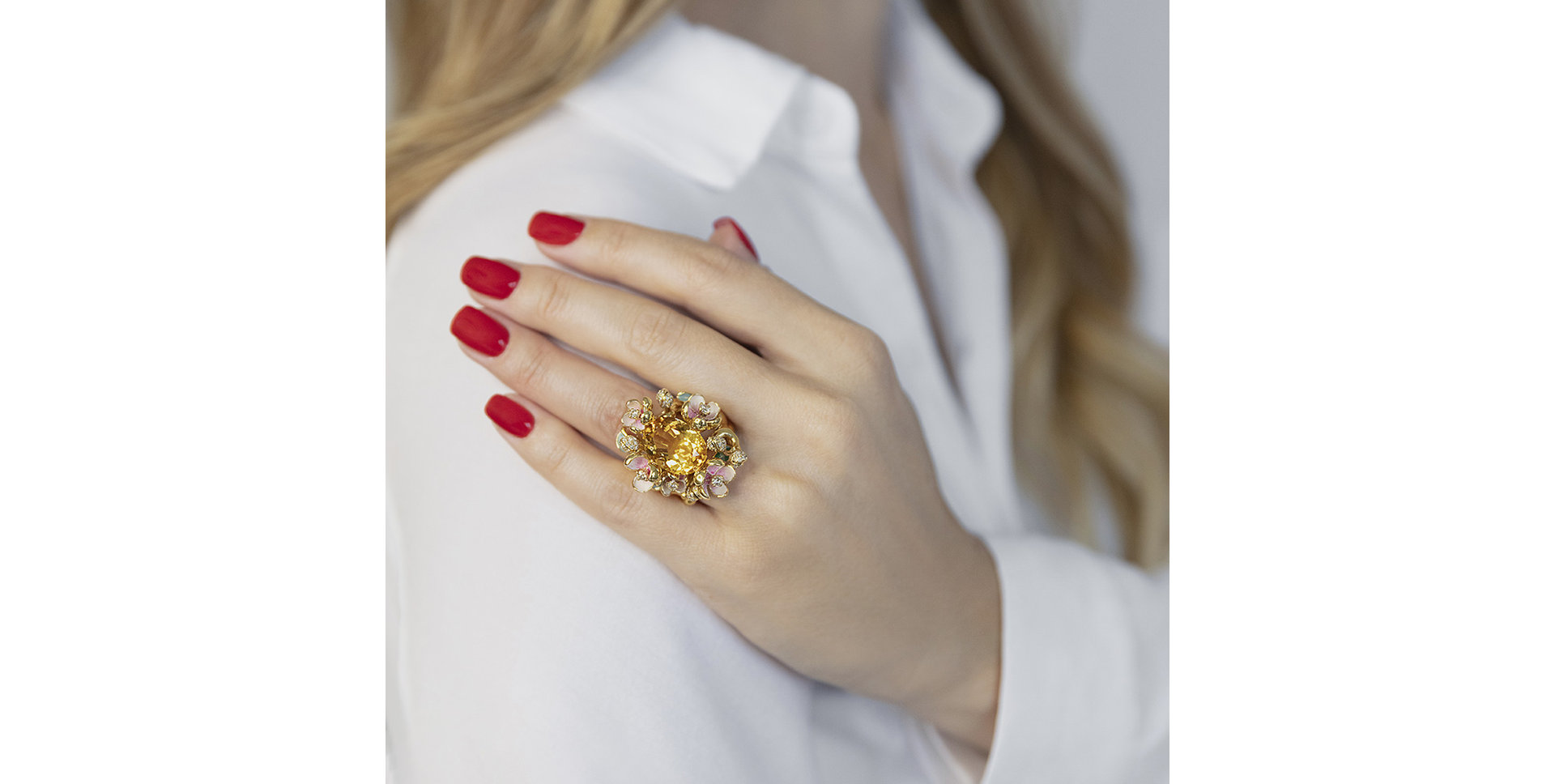 Prsten s citrínem, diamanty a emaily Fike