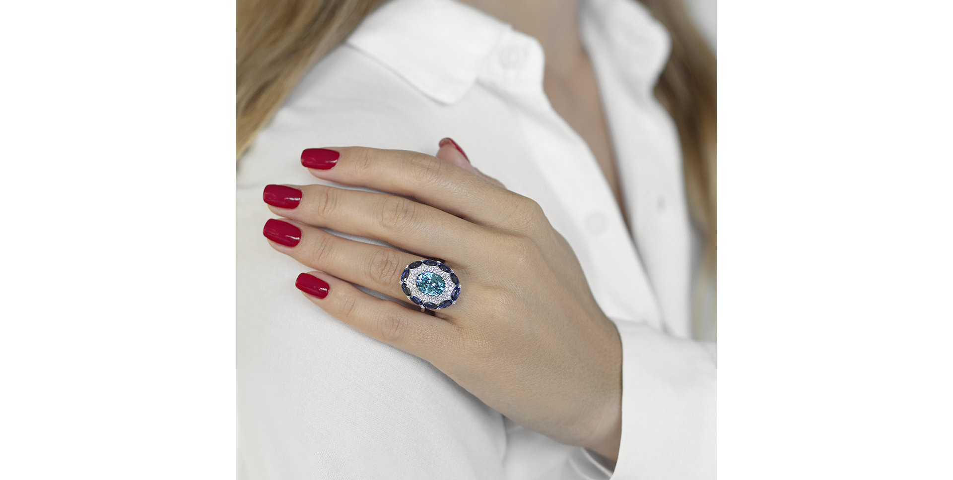 Prsten se zirkonem, diamanty a safíry Blue Gentility