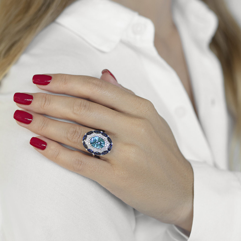 Prsten se zirkonem, diamanty a safíry Blue Gentility
