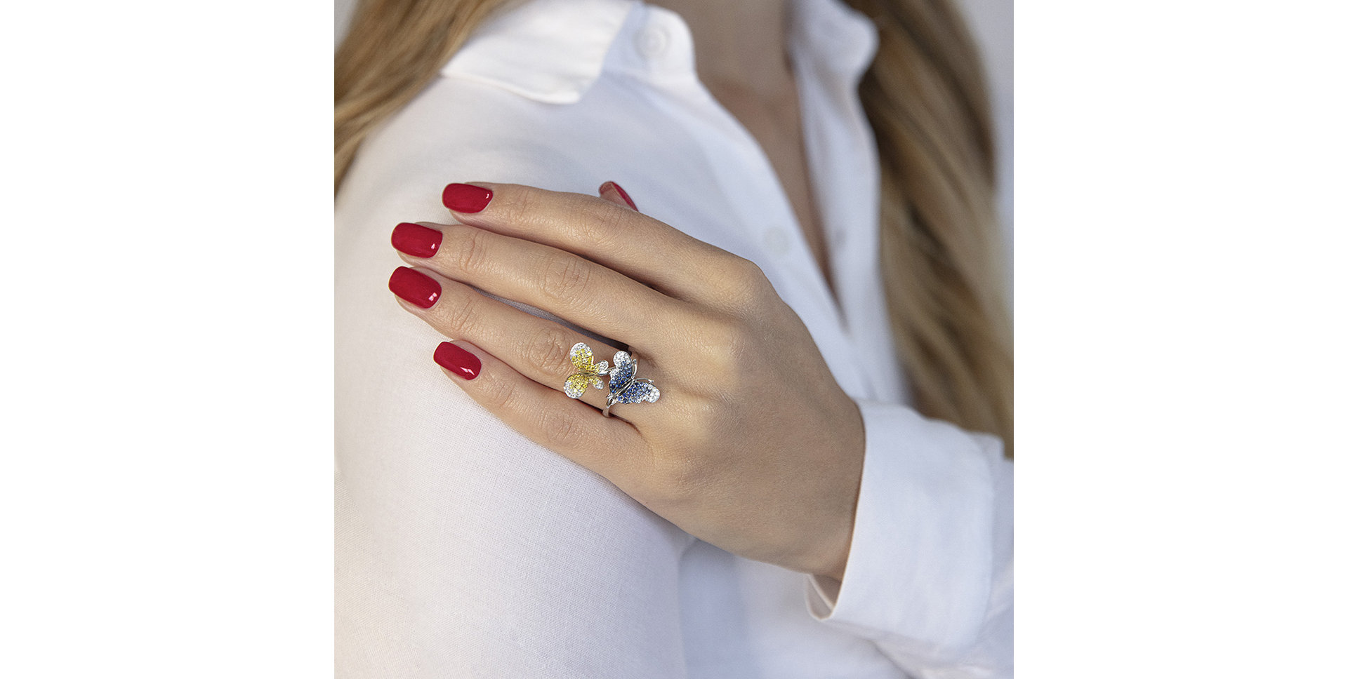 Prsten s žlutými a bílými diamanty a safíry Papillon Melody