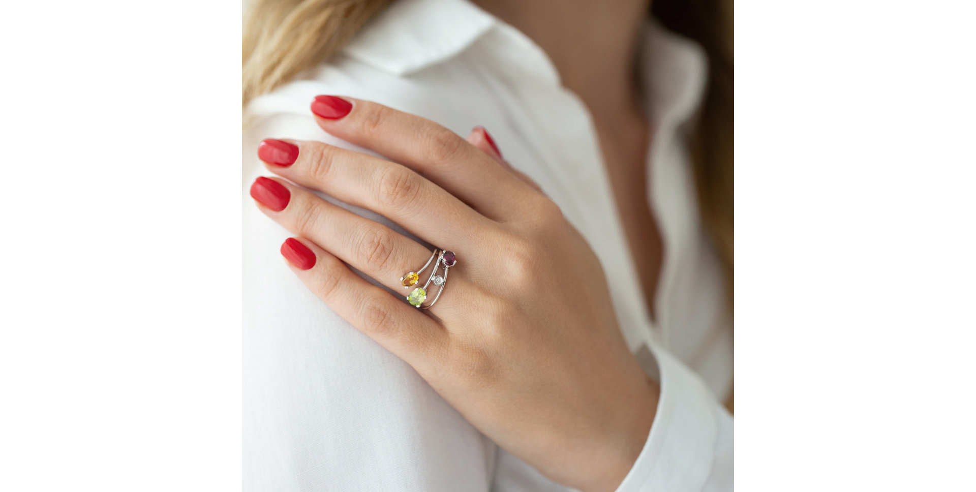 Prsten s diamanty, citrínem, peridotem a rhodolitem Glanc