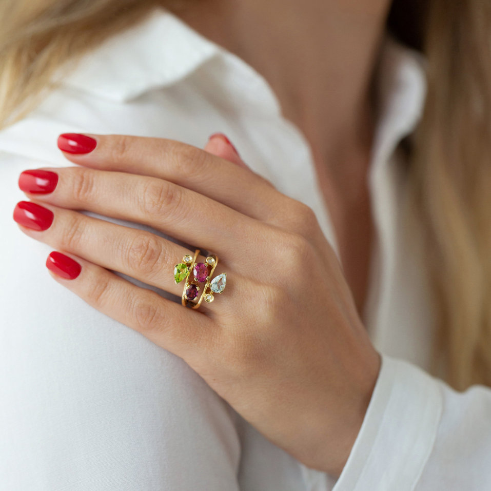 Prsten s rhodolitem a diamanty, peridotem a topazem Floy