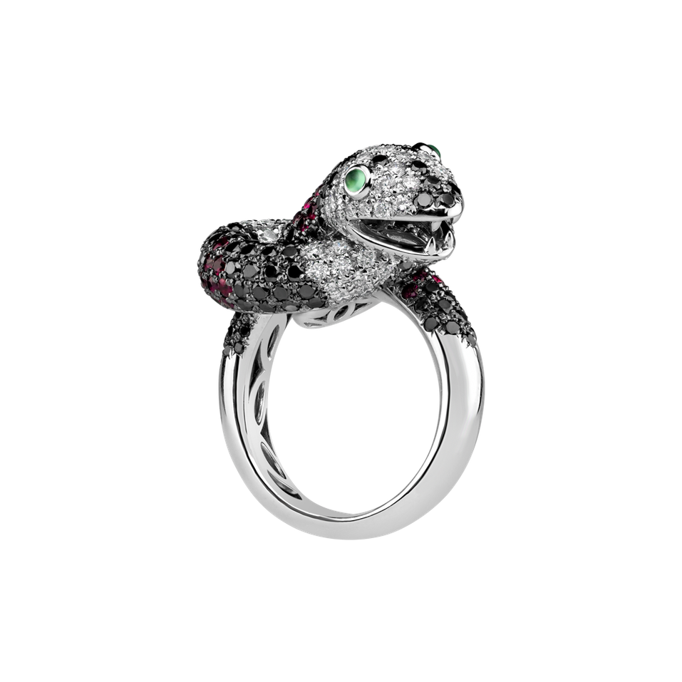 Prsten s černými a bílými diamanty, rubíny a granáty The Dark Serpent