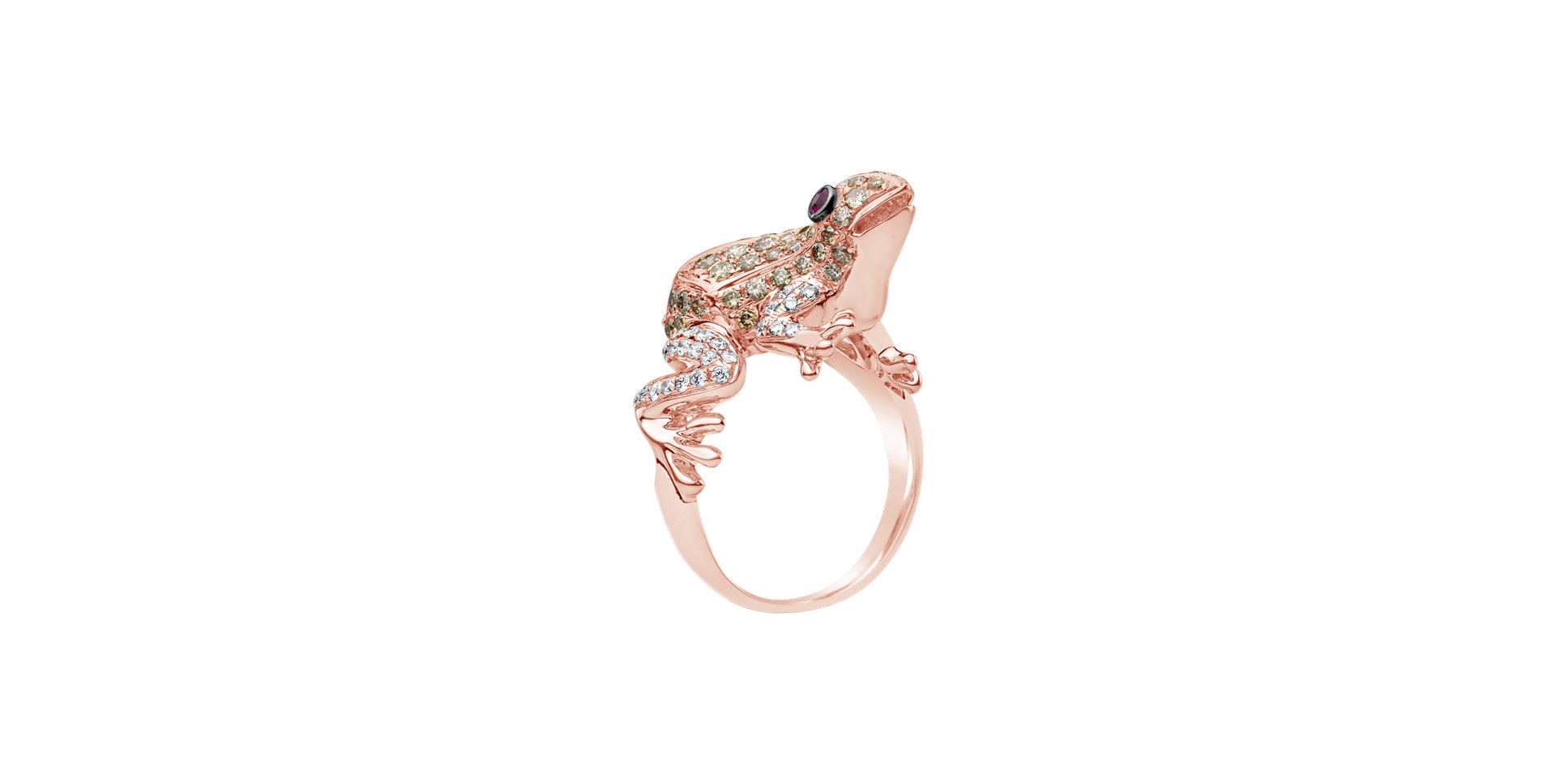 Prsten s bílými a hnědými diamanty a rubíny Miracle Frog