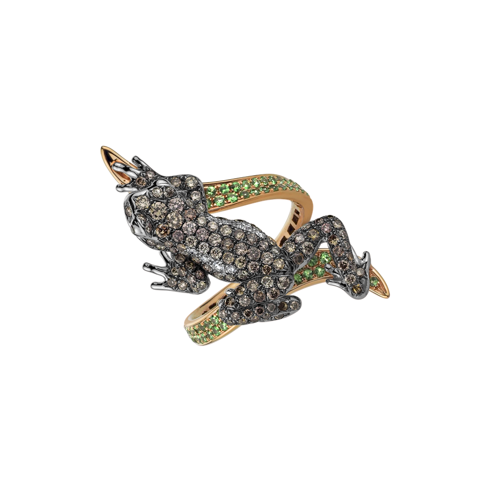 Prsten s bílými, hnědými a černými diamanty a granáty Luxury Frog
