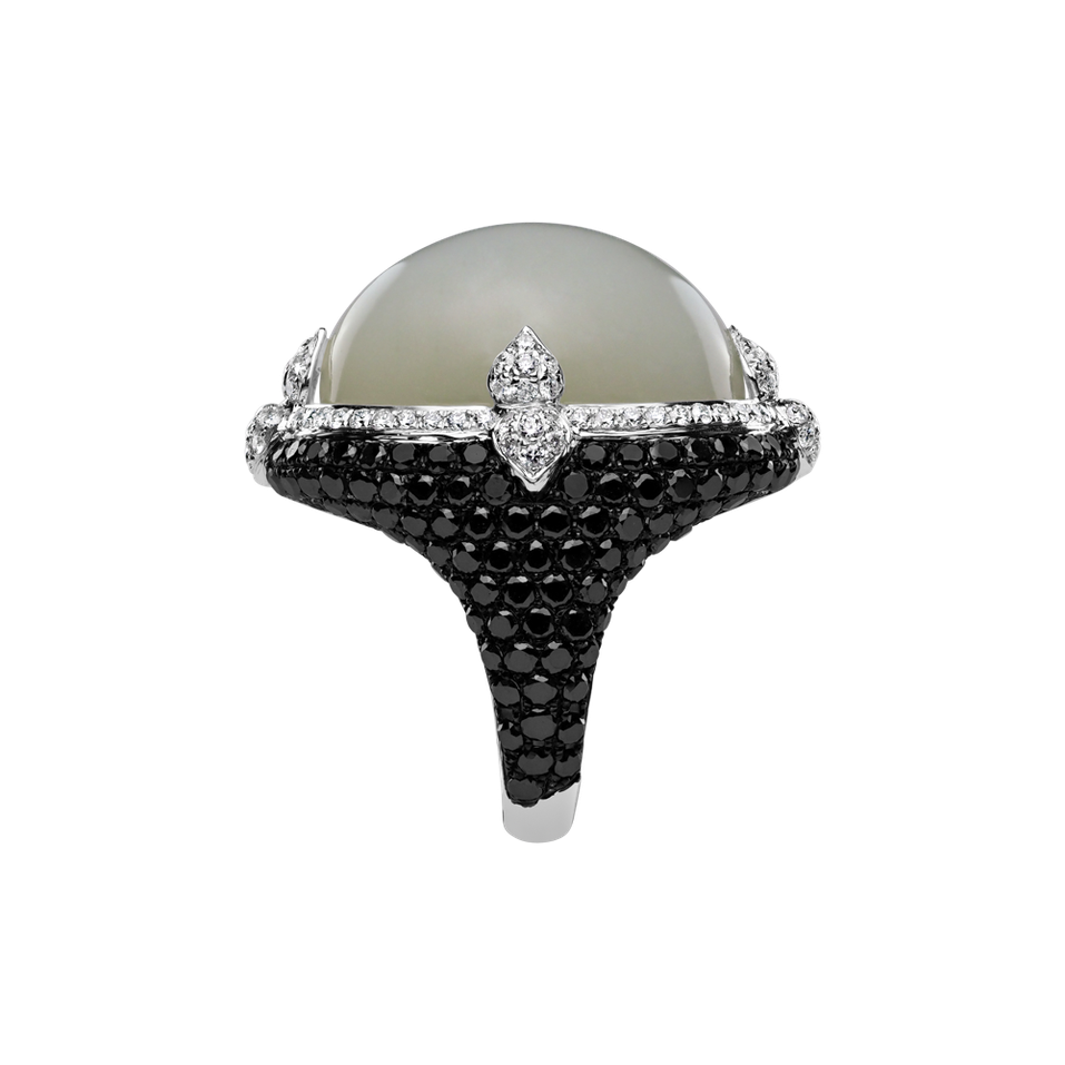Prsten s měsíčním kamenem, černými a bílými diamanty Eye Ocean