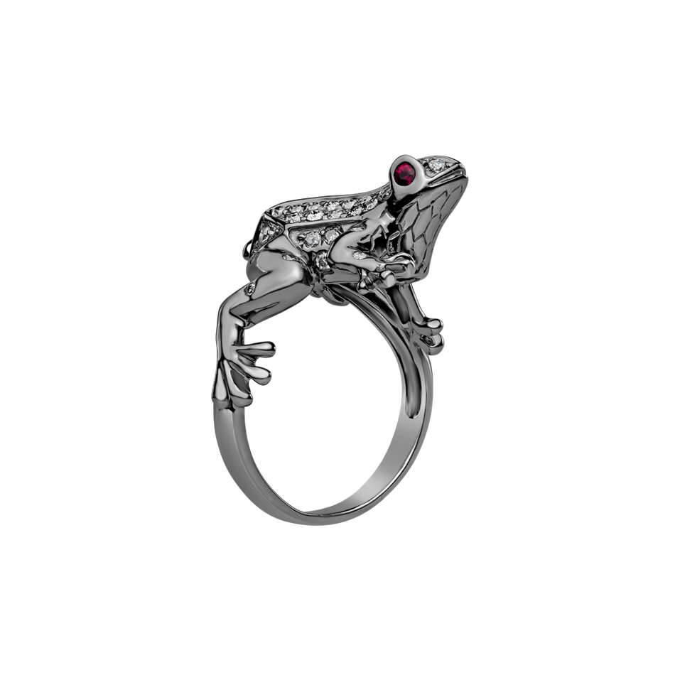 Prsten s bílými a hnědými diamanty a rubíny Dark Fairytale Frog