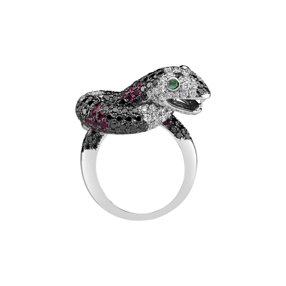 Prsten s černými a bílými diamanty, rubíny a granáty The Dark Serpent
