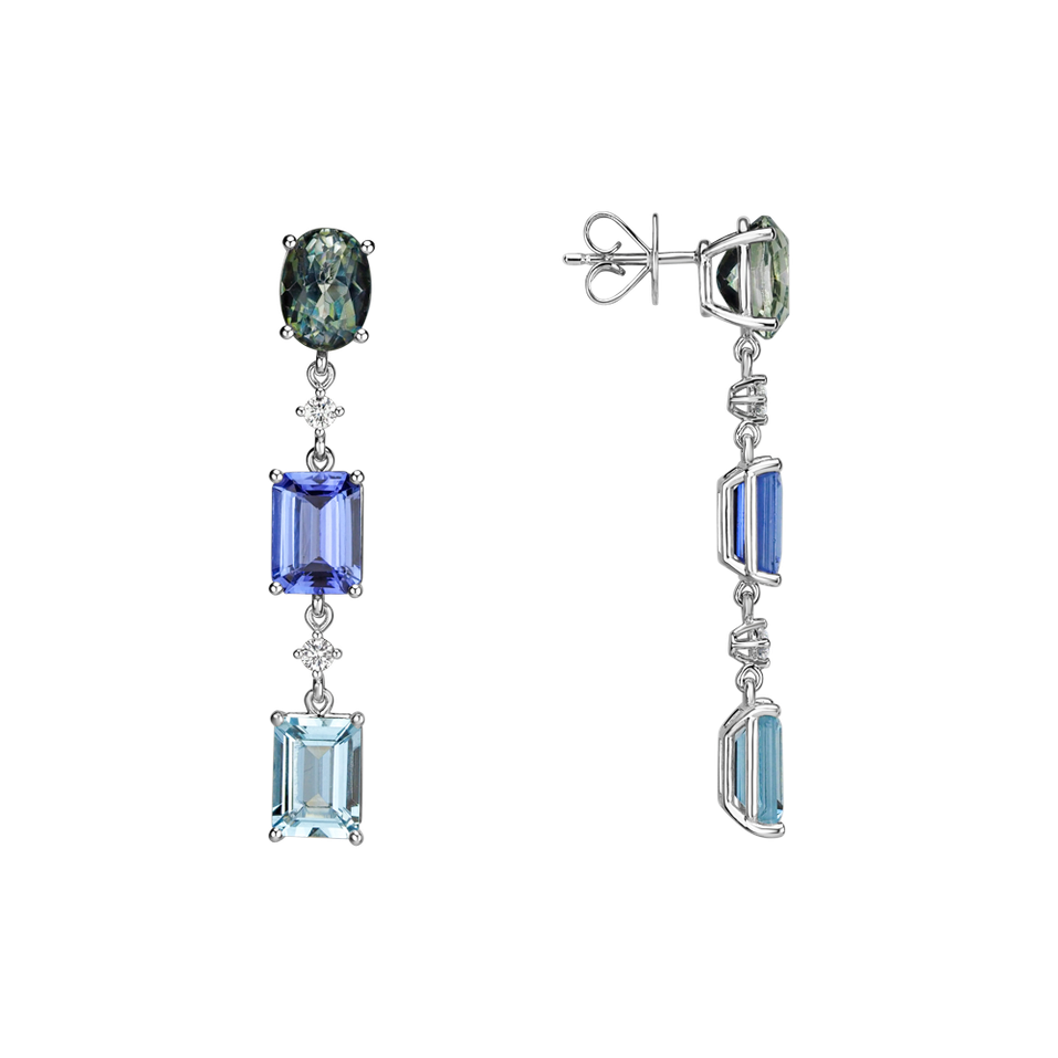 Náušnice s diamanty, akvamarínem, tanzanitem a multisafírem Mystic Rain